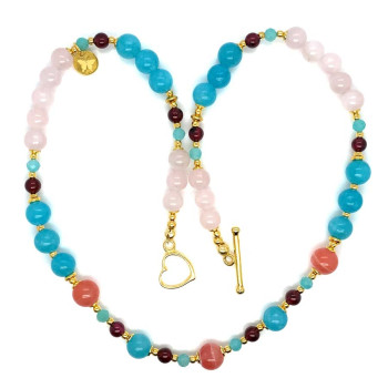 RHODOCHROSITE NECKLACE WITH AMAZONITE, GARNET, BLUE JADE, AND WHITE QUARTZ
