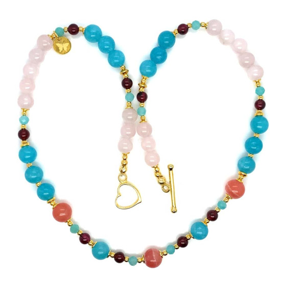 RHODOCHROSITE NECKLACE WITH AMAZONITE, GARNET, BLUE JADE, AND WHITE QUARTZ