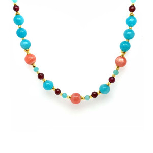 RHODOCHROSITE NECKLACE WITH AMAZONITE, GARNET, BLUE JADE, AND WHITE QUARTZ
