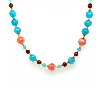 RHODOCHROSITE NECKLACE WITH AMAZONITE, GARNET, BLUE JADE, AND WHITE QUARTZ