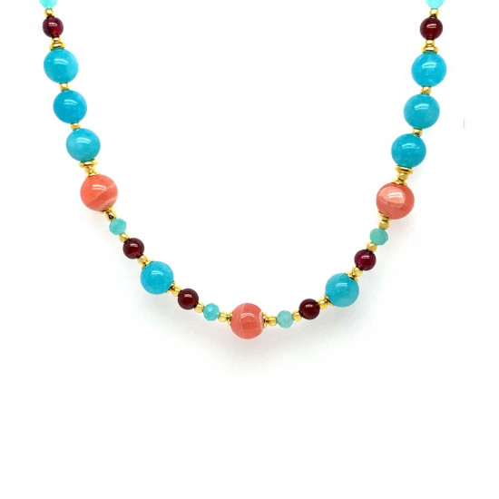 RHODOCHROSITE NECKLACE WITH AMAZONITE, GARNET, BLUE JADE, AND WHITE QUARTZ
