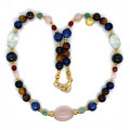 WHITE QUARTZ NECKLACE WITH EMERALD, KYANITE, MULTI-COLOR TIGER EYE, RUBY AGATE, AND GREEN AMETHYST