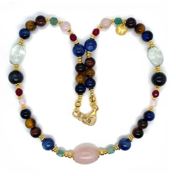 WHITE QUARTZ NECKLACE WITH EMERALD, KYANITE, MULTI-COLOR TIGER EYE, RUBY AGATE, AND GREEN AMETHYST