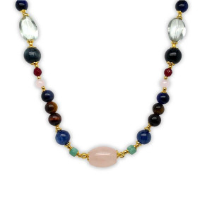 WHITE QUARTZ NECKLACE WITH EMERALD, KYANITE, MULTI-COLOR TIGER EYE, RUBY AGATE, AND GREEN AMETHYST