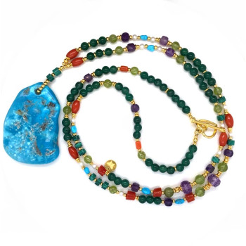 RANDOM TURQUOISE NECKLACE WITH GREEN CHLORITE, PERIDOT, AMETHYST, AND CORAL