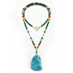 RANDOM TURQUOISE NECKLACE WITH GREEN CHLORITE, PERIDOT, AMETHYST, AND CORAL