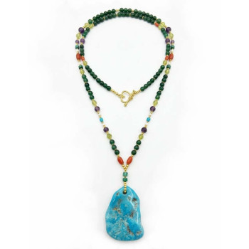 RANDOM TURQUOISE NECKLACE WITH GREEN CHLORITE, PERIDOT, AMETHYST, AND CORAL