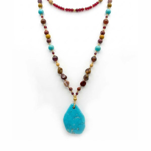 TURQUOISE NECKLACE WITH MULTICOLOR JASPER, TURQUOISE HOWLITE, GARNET, AND RUBY AGATE