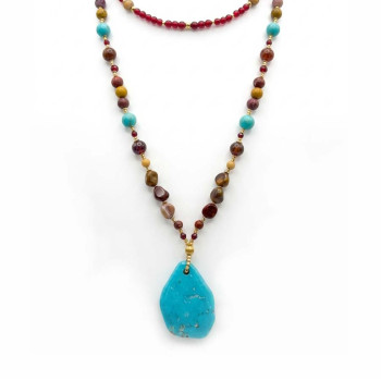 TURQUOISE NECKLACE WITH MULTICOLOR JASPER, TURQUOISE HOWLITE, GARNET, AND RUBY AGATE
