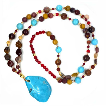 TURQUOISE NECKLACE WITH MULTICOLOR JASPER, TURQUOISE HOWLITE, GARNET, AND RUBY AGATE