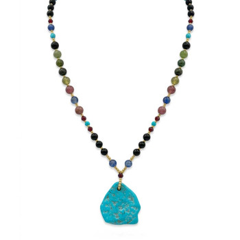 RANDOM TURQUOISE NECKLACE WITH MULTICOLOR TOURMALINE, BLACK TOURMALINE, KYANITE, FACETED RUBY AGATE, AND TURQUOISE