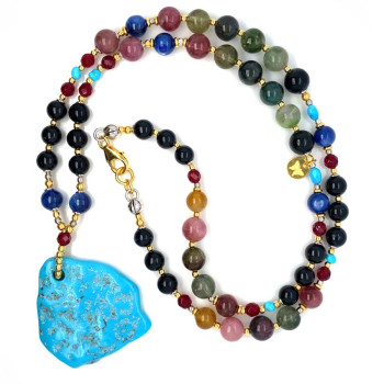 RANDOM TURQUOISE NECKLACE WITH MULTICOLOR TOURMALINE, BLACK TOURMALINE, KYANITE, FACETED RUBY AGATE, AND TURQUOISE