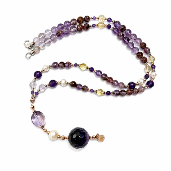 AMETHYST BEADED NECKLACE WITH PEARL, OVAL AMETRINE, FACETED AMETHYST, CITRINE, AND AMETRINE AMETHYST BEADED NECKLACE WITH PEARL, OVAL AMETRINE, FACETED AMETHYST, CITRINE, AND AMETRINE