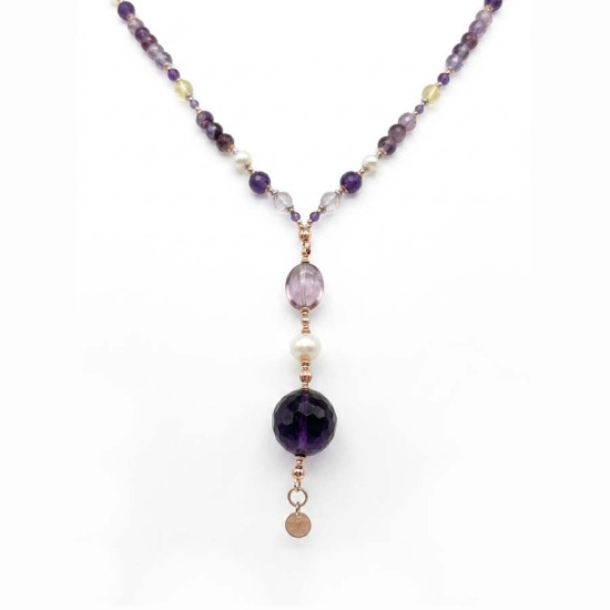 AMETHYST BEADED NECKLACE WITH PEARL, OVAL AMETRINE, FACETED AMETHYST, CITRINE, AND AMETRINE AMETHYST BEADED NECKLACE WITH PEARL, OVAL AMETRINE, FACETED AMETHYST, CITRINE, AND AMETRINE