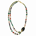 OBSIDIAN NECKLACE WITH GREEN JADE, GREEN PREHNITE, FACETED RUBY AGATE, LABRADORITE, RED CORAL, AND PINK QUARTZ OBSIDIAN NECKLACE WITH GREEN JADE, GREEN PREHNITE, FACETED RUBY AGATE, LABRADORITE, RED CORAL, AND PINK QUARTZ