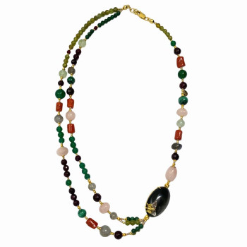 OBSIDIAN NECKLACE WITH GREEN JADE, GREEN PREHNITE, FACETED RUBY AGATE, LABRADORITE, RED CORAL, AND PINK QUARTZ