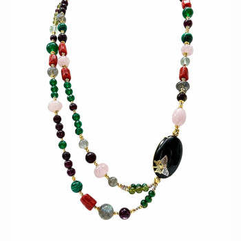 OBSIDIAN NECKLACE WITH GREEN JADE, GREEN PREHNITE, FACETED RUBY AGATE, LABRADORITE, RED CORAL, AND PINK QUARTZ