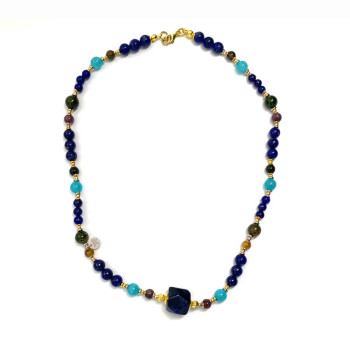 FACETED LAPIS LAZULI NECKLACE WITH MULTICOLOR TOURMALINE, BLUE JADE, AND LAPIS LAZULI