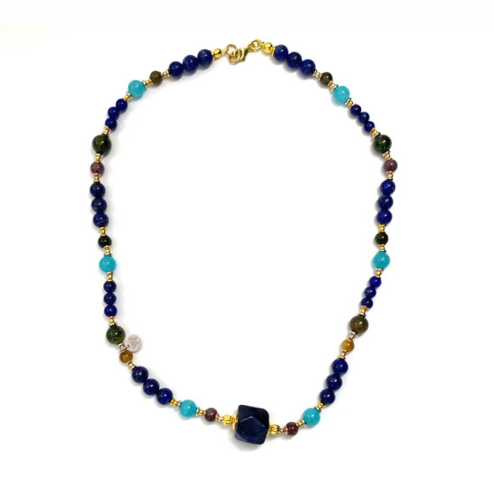 FACETED LAPIS LAZULI NECKLACE WITH MULTICOLOR TOURMALINE, BLUE JADE, AND LAPIS LAZULI FACETED LAPIS LAZULI NECKLACE WITH MULTICOLOR TOURMALINE, BLUE JADE, AND LAPIS LAZULI