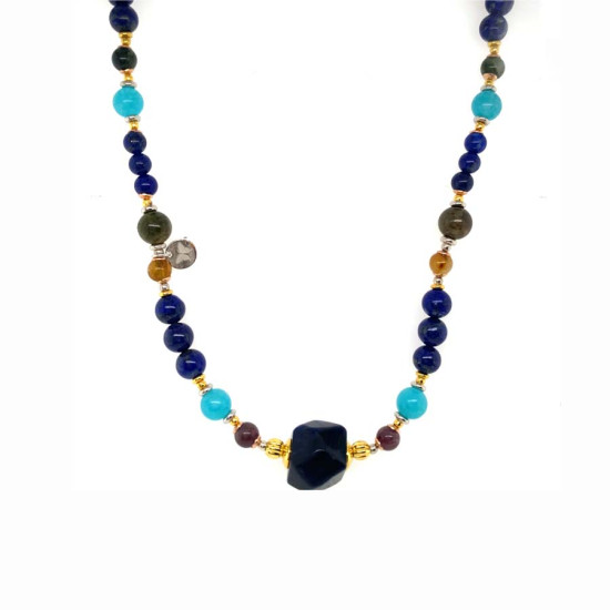 FACETED LAPIS LAZULI NECKLACE WITH MULTICOLOR TOURMALINE, BLUE JADE, AND LAPIS LAZULI FACETED LAPIS LAZULI NECKLACE WITH MULTICOLOR TOURMALINE, BLUE JADE, AND LAPIS LAZULI