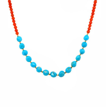 TURQUOISE AND CORAL NECKLACE WITH GOLD CONNECTORS