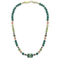 GOLD PLATED MALACHITE NECKLACE WITH GREEN AGATE, RUBY AGATE, RHODOCHROSITE, CARIBBEAN AMBER, PEARLS AND PERIDOT
