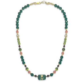 GOLD PLATED MALACHITE NECKLACE WITH GREEN AGATE, RUBY AGATE, RHODOCHROSITE, CARIBBEAN AMBER, PEARLS AND PERIDOT GOLD PLATED MALACHITE NECKLACE WITH GREEN AGATE, RUBY AGATE, RHODOCHROSITE, CARIBBEAN AMBER, PEARLS AND PERIDOT