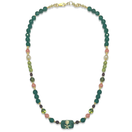 GOLD PLATED MALACHITE NECKLACE WITH GREEN AGATE, RUBY AGATE, RHODOCHROSITE, CARIBBEAN AMBER, PEARLS AND PERIDOT