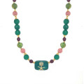 GOLD PLATED MALACHITE NECKLACE WITH GREEN AGATE, RUBY AGATE, RHODOCHROSITE, CARIBBEAN AMBER, PEARLS AND PERIDOT