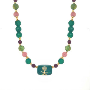 GOLD PLATED MALACHITE NECKLACE WITH GREEN AGATE, RUBY AGATE, RHODOCHROSITE, CARIBBEAN AMBER, PEARLS AND PERIDOT