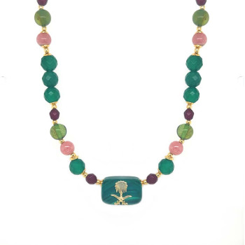 GOLD PLATED MALACHITE NECKLACE WITH GREEN AGATE, RUBY AGATE, RHODOCHROSITE, CARIBBEAN AMBER, PEARLS AND PERIDOT