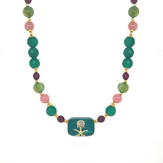 GOLD PLATED MALACHITE NECKLACE WITH GREEN AGATE, RUBY AGATE, RHODOCHROSITE, CARIBBEAN AMBER, PEARLS AND PERIDOT