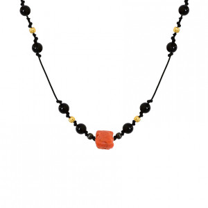 coral thread necklace with onyx