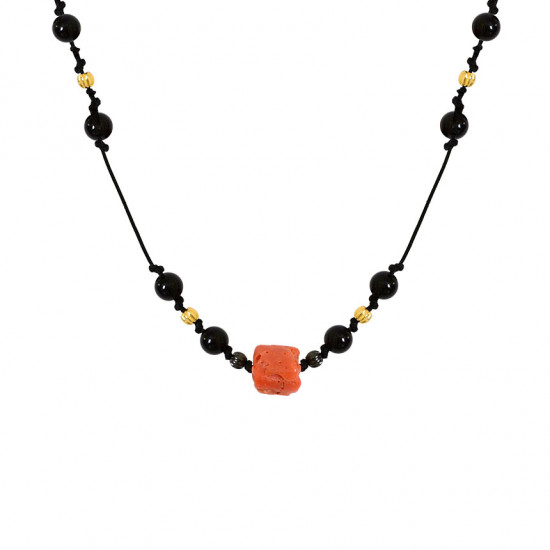 coral thread necklace with onyx