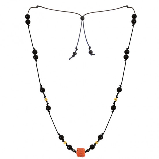 coral thread necklace with onyx