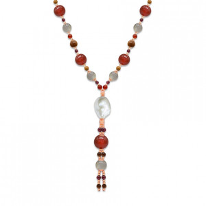 random pearls necklace with garnet , red agate , labradorite and coke wood 