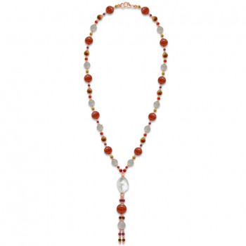 random pearls necklace with garnet , red agate , labradorite and coke wood 