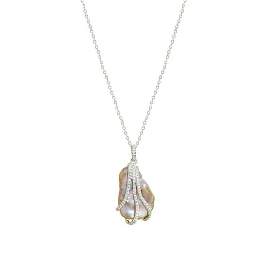 Silver chain with random pearl stone with zircon