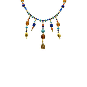 24K GOLD PLATED AMBER NECKLACE WITH TURQUOISE, LAPIS LAZULI, CORAL,BLUE AGATE