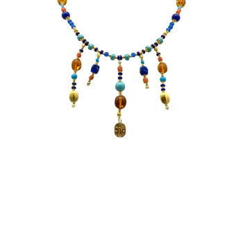 24K GOLD PLATED AMBER NECKLACE WITH TURQUOISE, LAPIS LAZULI, CORAL,BLUE AGATE
