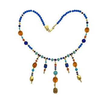 24K GOLD PLATED AMBER NECKLACE WITH TURQUOISE, LAPIS LAZULI, CORAL,BLUE AGATE