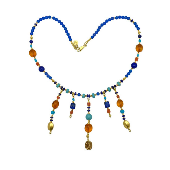 24K GOLD PLATED AMBER NECKLACE WITH TURQUOISE, LAPIS LAZULI, CORAL,BLUE AGATE