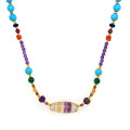 24K GOLD PLATED FLUORITE NECKLACE WITH AMETHYST, TURQUOISE, RED CORAL, LAPIS LAZULI, AND MALACHITE