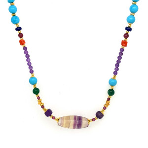 24K GOLD PLATED FLUORITE NECKLACE WITH AMETHYST, TURQUOISE, RED CORAL, LAPIS LAZULI, AND MALACHITE
