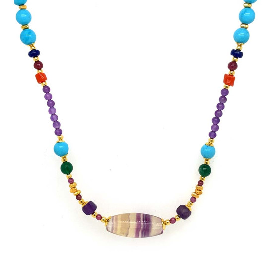 24K GOLD PLATED FLUORITE NECKLACE WITH AMETHYST, TURQUOISE, RED CORAL, LAPIS LAZULI, AND MALACHITE