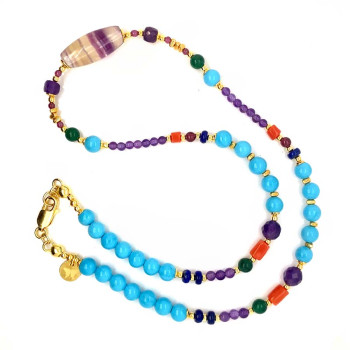 24K GOLD PLATED FLUORITE NECKLACE WITH AMETHYST, TURQUOISE, RED CORAL, LAPIS LAZULI, AND MALACHITE