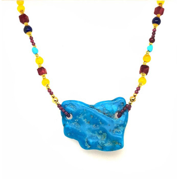 24K GOLD PLATED TURQUOISE NECKLACE WITH RUBY, YELLOW AGATE, LAPIS LAZULI, PEARL, AND GARNET