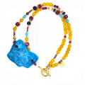 24K GOLD PLATED TURQUOISE NECKLACE WITH RUBY, YELLOW AGATE, LAPIS LAZULI, PEARL, AND GARNET