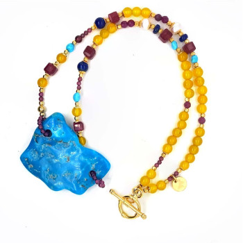 24K GOLD PLATED TURQUOISE NECKLACE WITH RUBY, YELLOW AGATE, LAPIS LAZULI, PEARL, AND GARNET