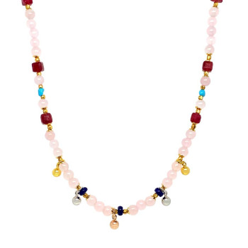 24K GOLD PLATED PINK QUARTZ NECKLACE WITH LAPIS, RUBY, TURQUOISE, PEARL, AND AMETHYST